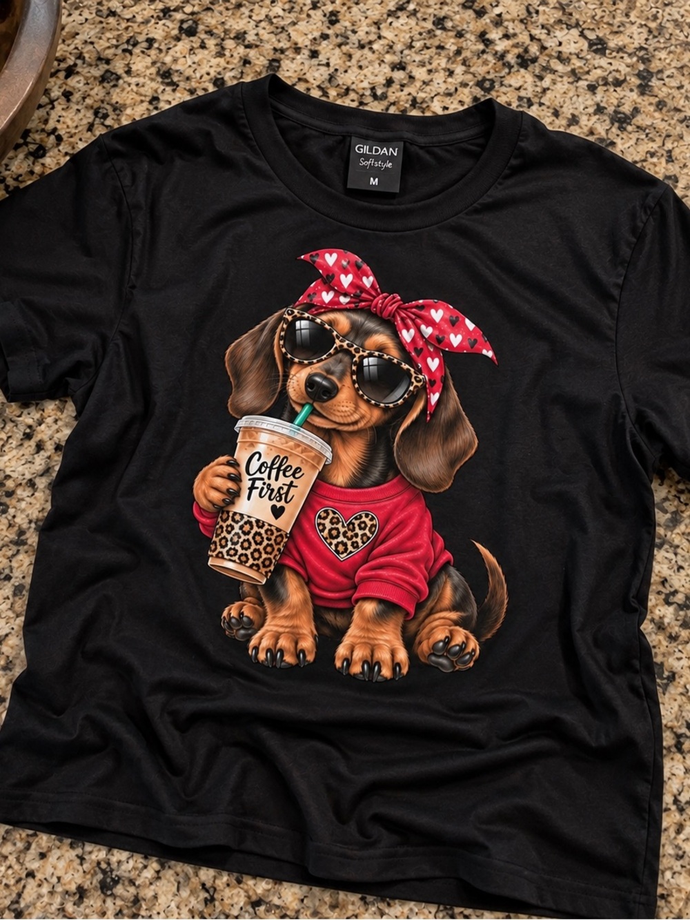 Gildan Black Dog Graphic Tee - Coffee First Dachshund Design Sz medium NWOT